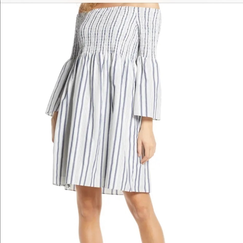 SAM EDELMAN Metallic StripeOff the Shoulder Dress